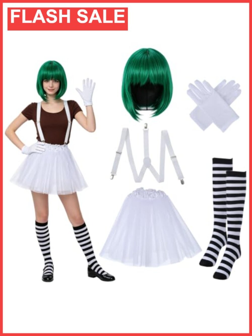 Halloween Chocolate Worker Costume Set Green Wig Tutu Suspenders Gloves Socks